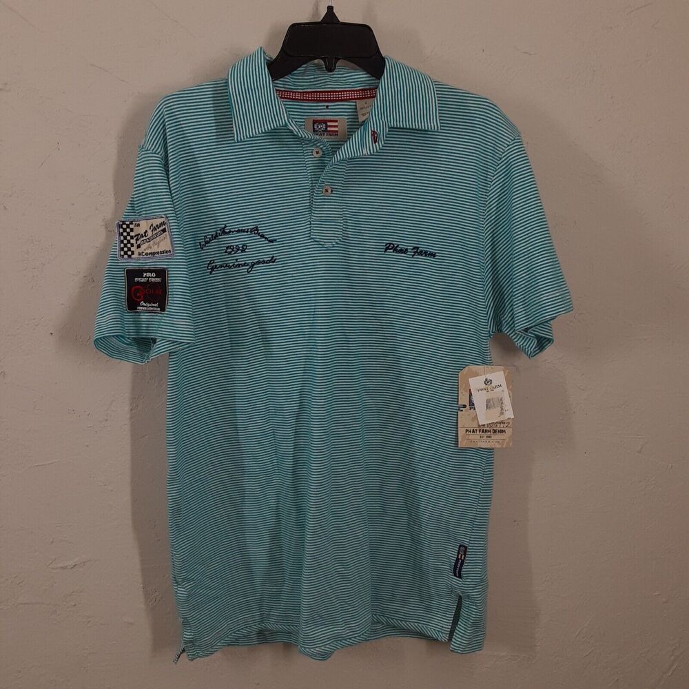 Men’s Polo Shirt Phat Farm Brand Size L Large Striped Blue White Embroidered
